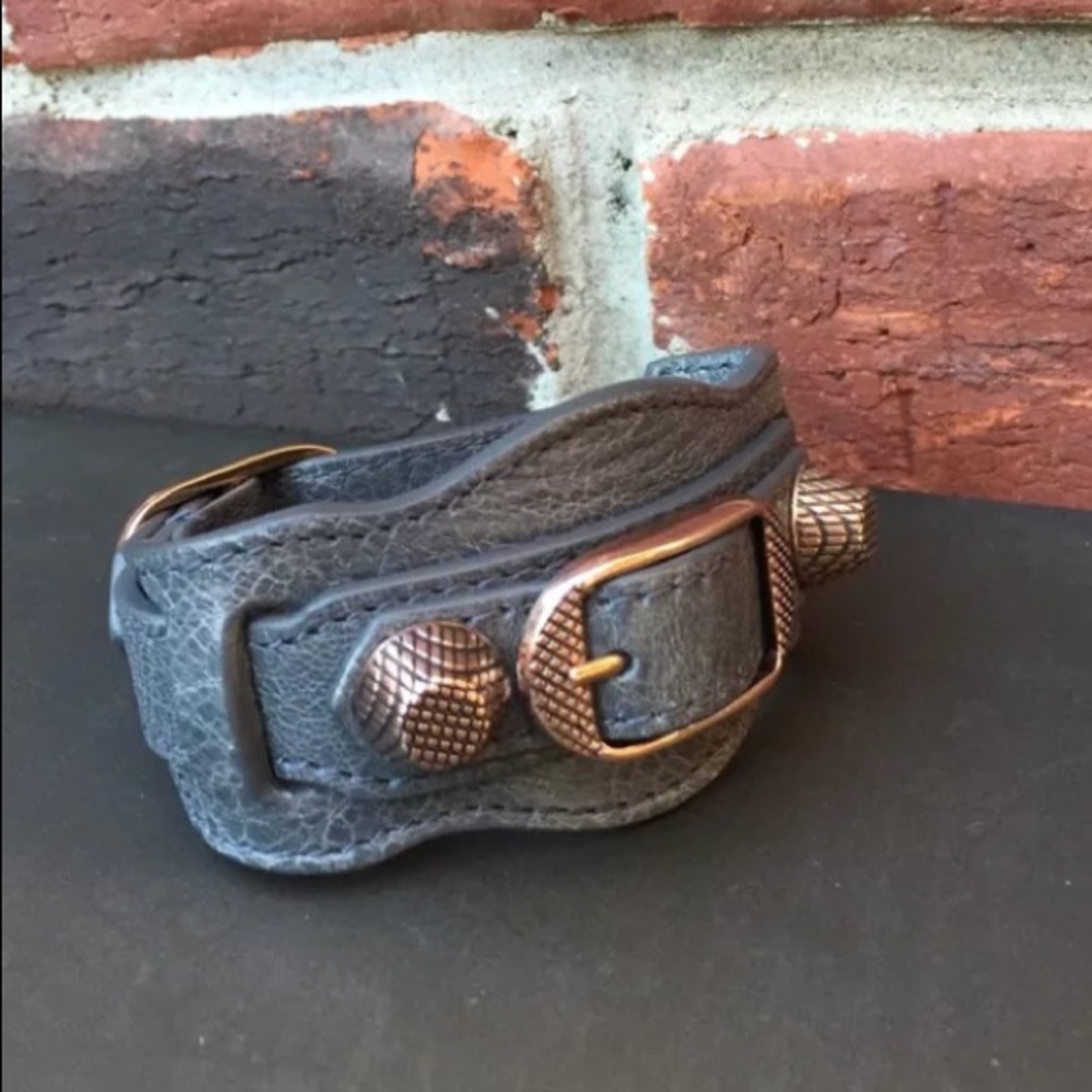 BALENCIAGA Moto Cuff Bracelet Leather SZ S Gray - Picture 2 of 8